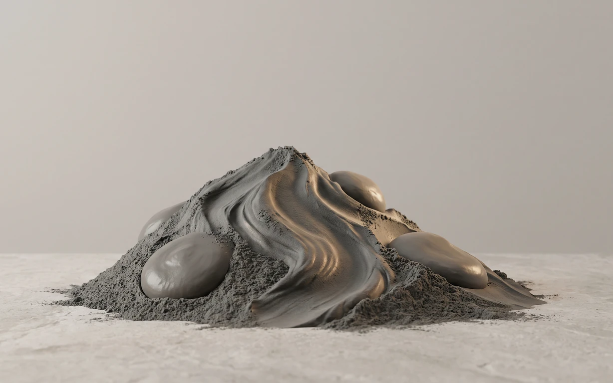 A sculptural mound of gray mineral powder and smooth wet mud forms on a pale stone surface, lit by soft warm studio light.