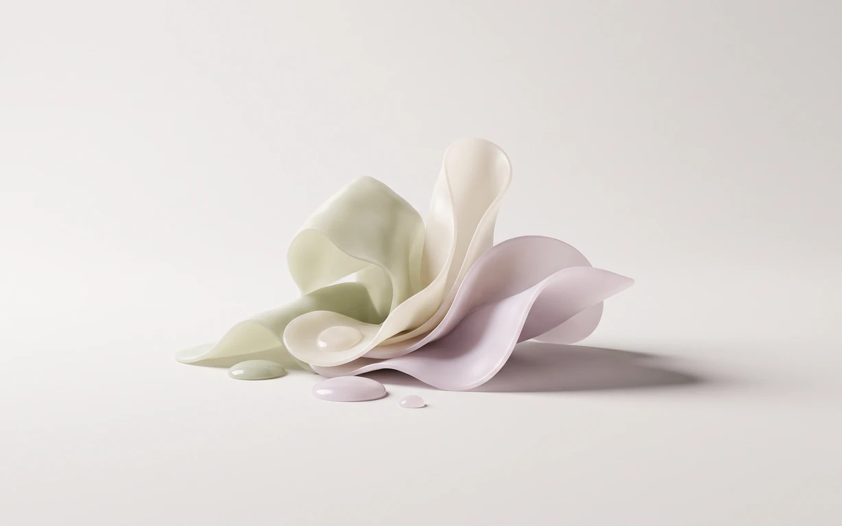 Abstract still life of softly folded ivory, pale sage, and blush-lilac forms with rounded droplets on a seamless neutral surface, lit from the upper left and casting a gentle right
