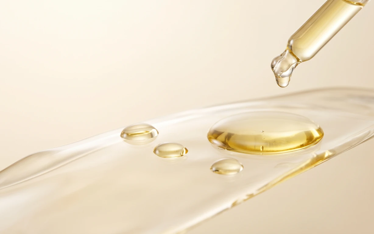Golden oil droplets resting on a translucent glass surface beneath a glass dropper, set against a warm ivory background.