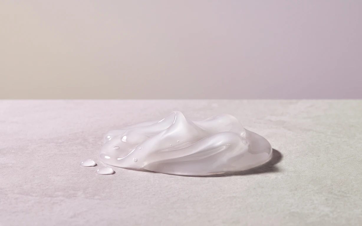 A glossy, pale blush abstract gel-like sculptural form with small droplets, resting on a softly textured ivory surface against a muted lilac backdrop.