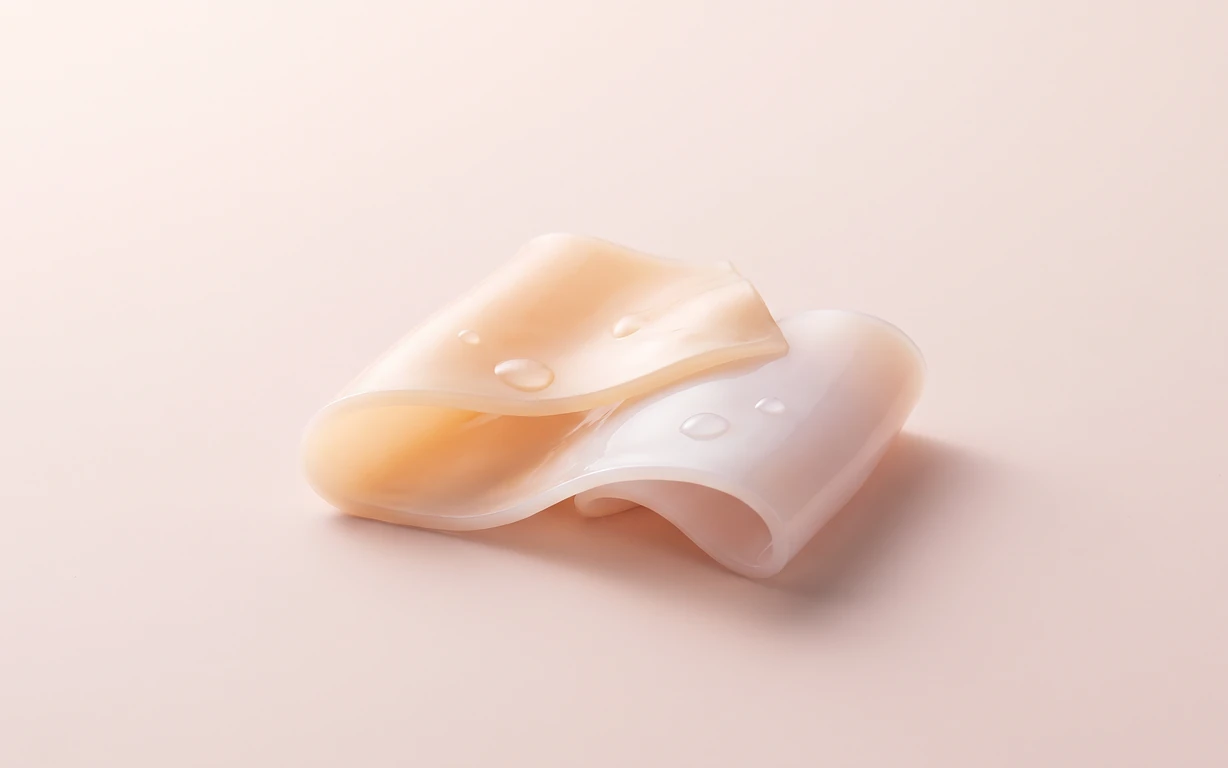 Soft translucent ivory and peach-toned material folds with clear droplets, arranged on a pale blush seamless surface with a gentle shadow.
