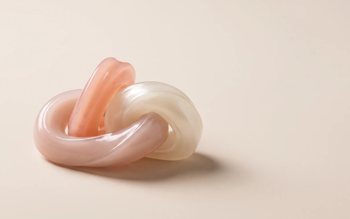 Three intertwined translucent sculptural loops in blush pink, coral and pearly ivory rest on a warm ivory surface, casting a soft directional shadow.