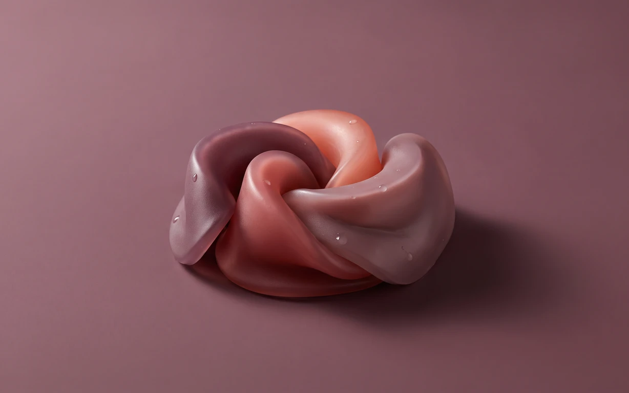A glossy abstract sculpture of intertwined plum, rose and coral folds dotted with clear droplets, resting on a muted mauve surface with a soft directional shadow.