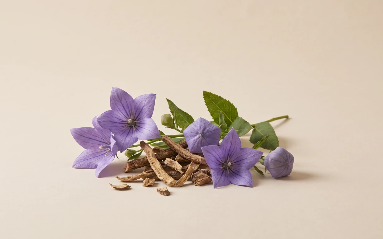 Purple balloon flowers, closed buds, green serrated leaves, and dried root pieces arranged on a warm ivory studio surface.