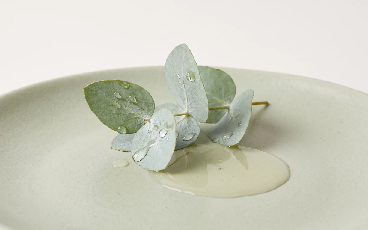 Silvery green eucalyptus leaves dotted with moisture rest beside a pale golden pool of oil on a softly lit sage-toned ceramic surface.