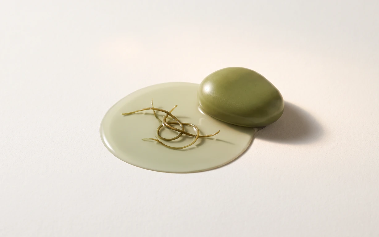 Abstract green-toned still life with a glossy olive oval, fine curling strands, and a translucent pale sage pool on a warm ivory surface.