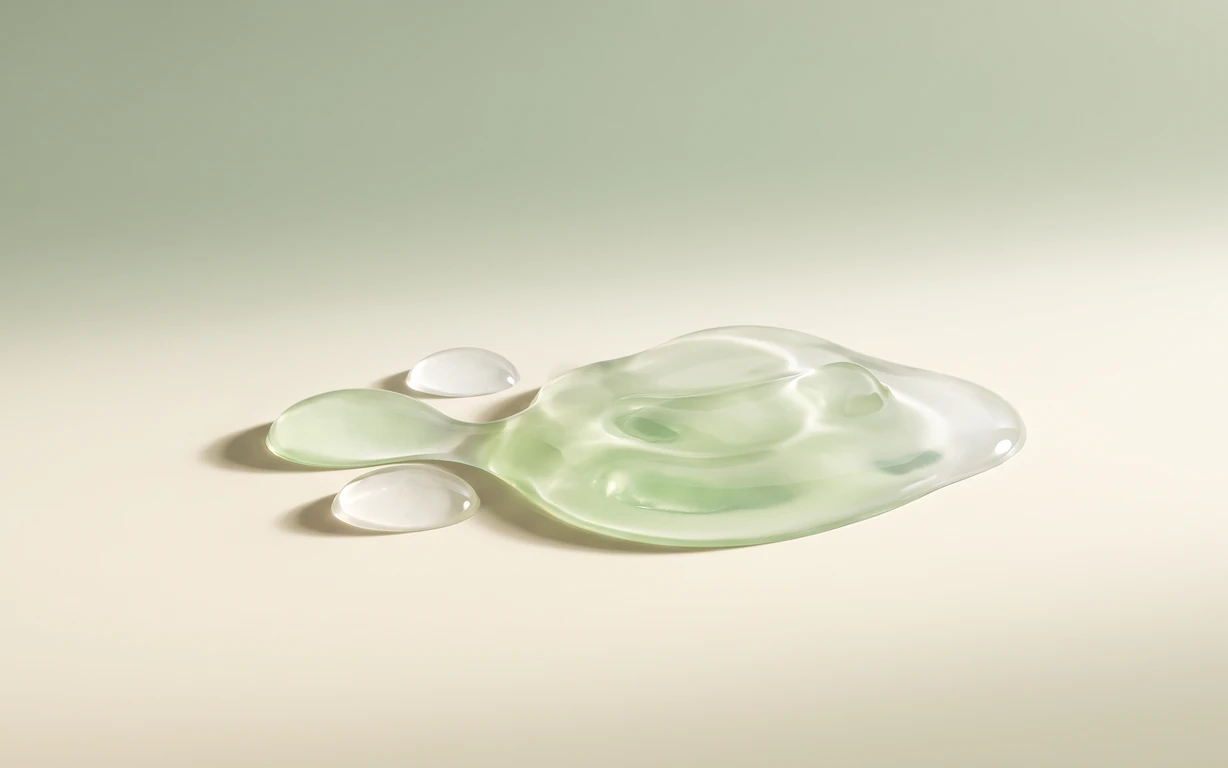 A translucent pale sage gel-like abstract form with three clear droplets on a warm ivory surface, lit by soft directional studio light.