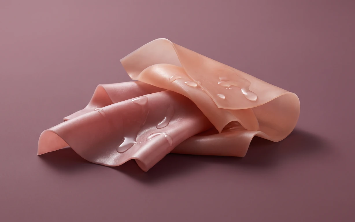 Layered blush and peach translucent folded forms with clear droplets, arranged on a muted plum seamless surface under soft studio lighting.