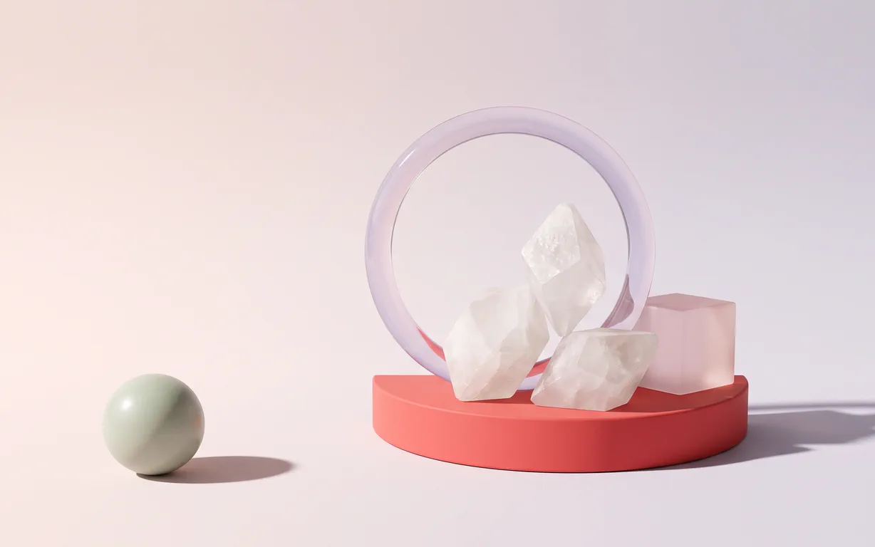 Milky-white betaine crystals balanced on a coral crescent with a pale-lavender glass ring against a warm blush background.