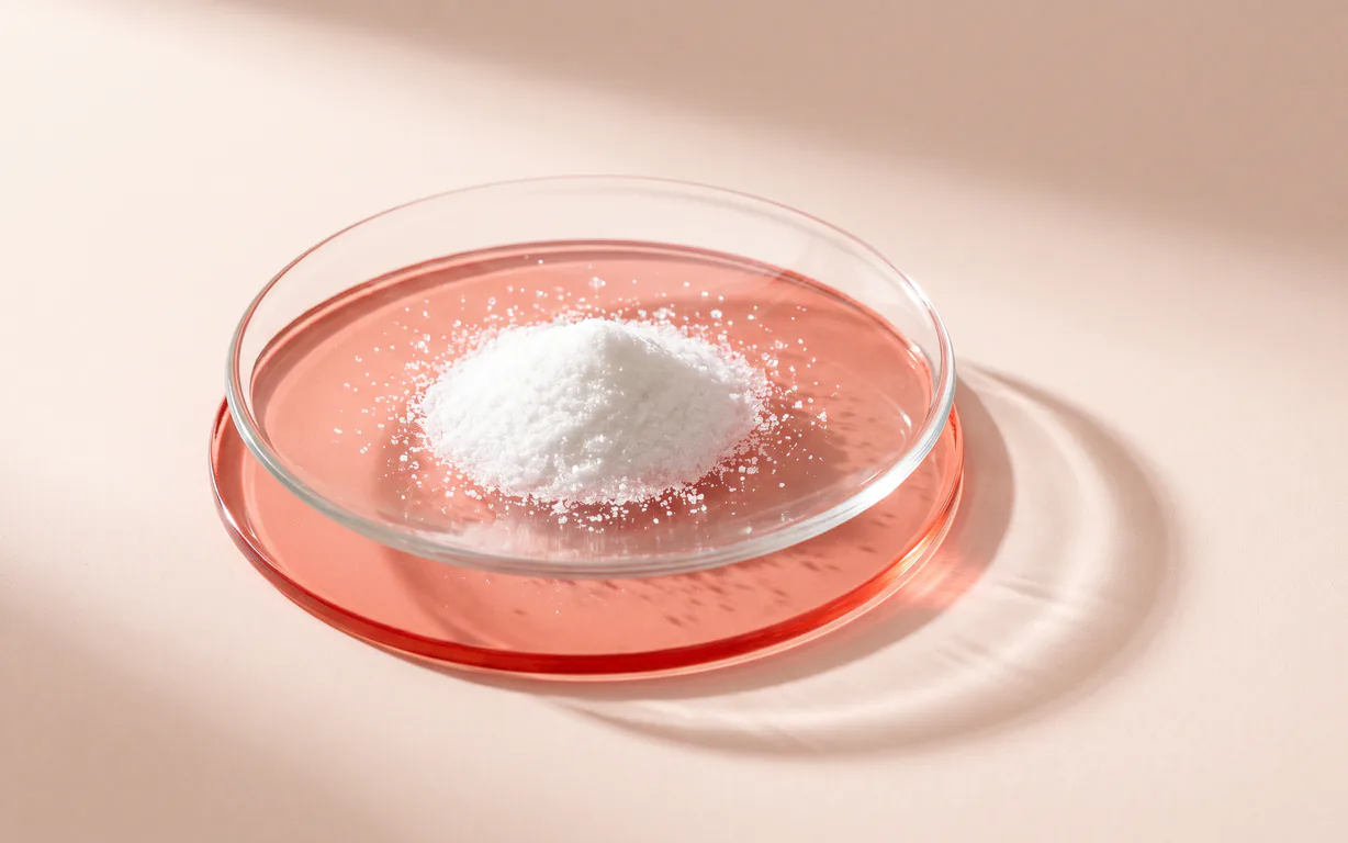 Fine white caffeine crystals in a clear watch glass over a translucent coral-red disc on a pale blush surface.