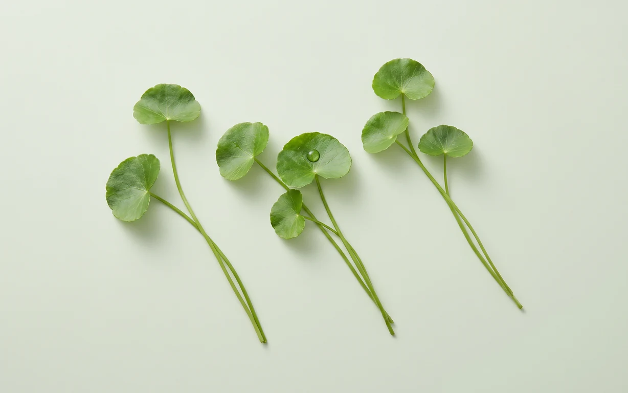 Fresh centella asiatica leaves arranged on a pale sage background.