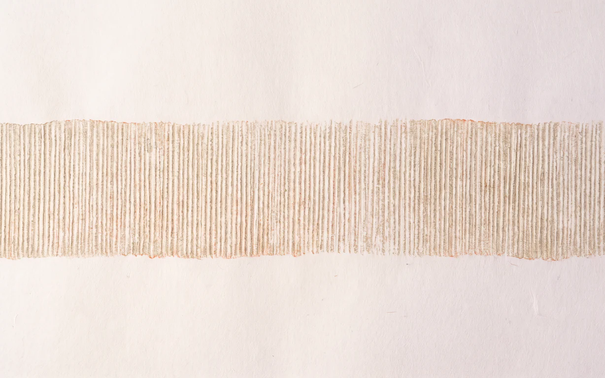 An abstract oat-and-persimmon pressure rubbing crosses warm-ivory hanji paper.