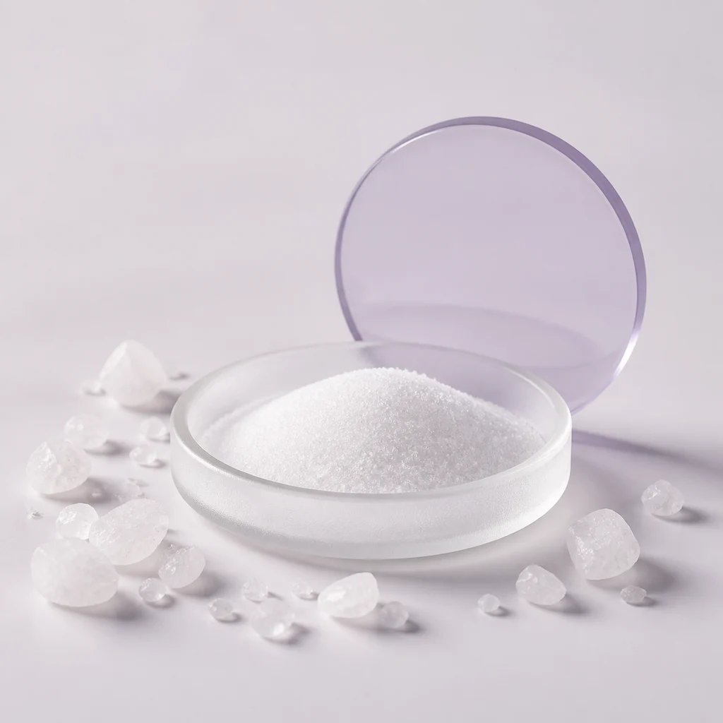 Milky-white gluconolactone crystals and fine powder in a frosted-glass dish with a pale-lilac ring.