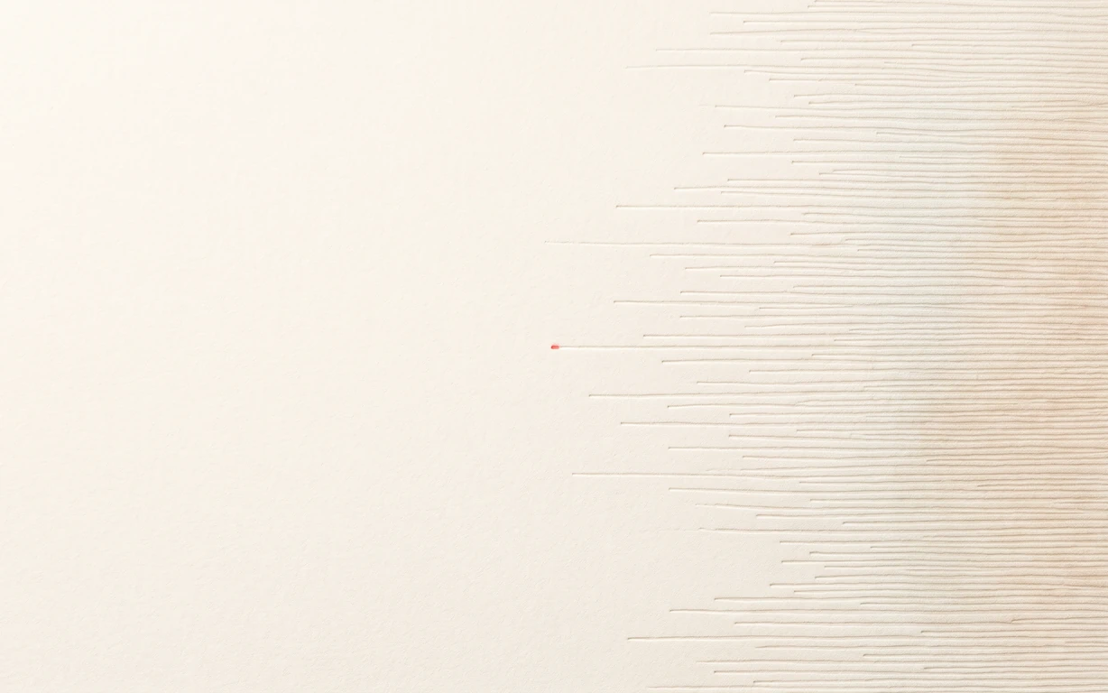 Fine dry pressed striations with soft amber, celadon, lavender and coral tones fade into a warm ivory matte surface.