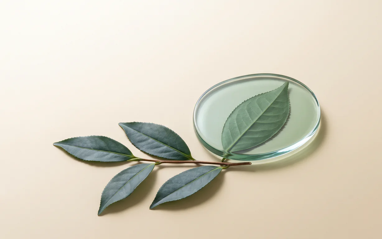 Pressed, pointed Camellia sinensis leaves partially magnified by a translucent jade glass lens on a warm oat surface.