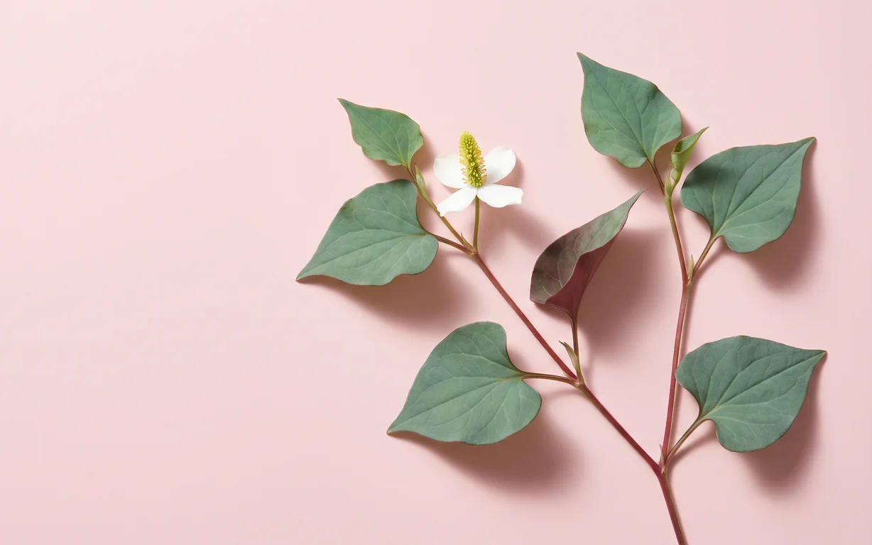 Fresh Houttuynia cordata stems with heart-shaped leaves and a white-bracted flower spike on a blush-pink background.