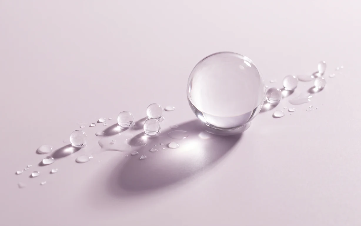 Clear hydrogel spheres and droplets on a pale lilac background.