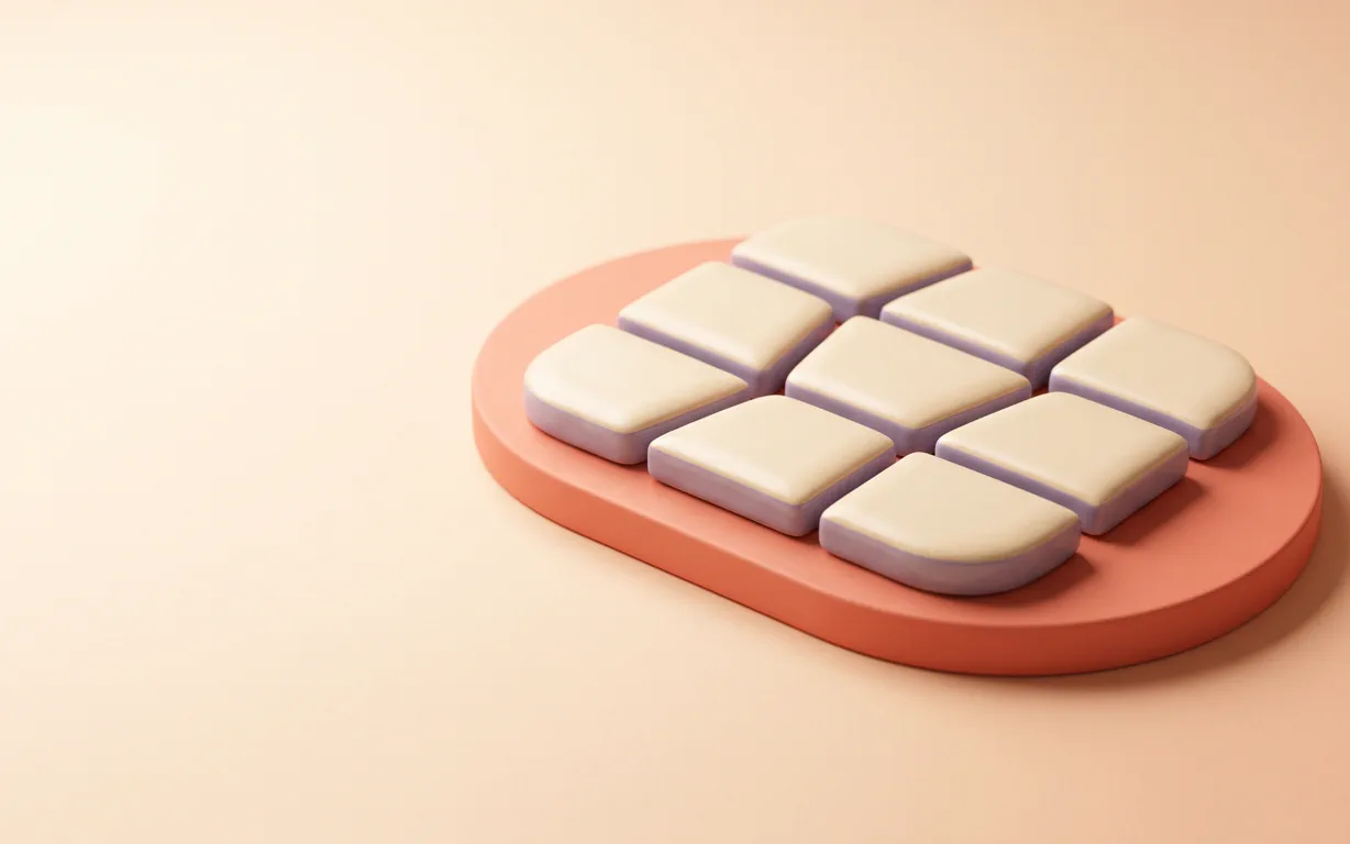 Nine rounded ivory ceramic tiles with lilac edges form a staggered mosaic on a coral plinth.