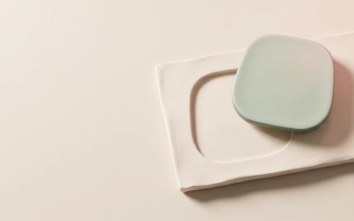 A single matte celadon ceramic piece lifted beside its matching recess in an ivory clay slab on a warm oat surface.