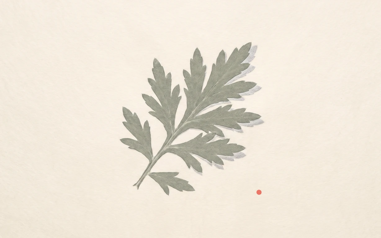 A muted sage-and-silver mugwort-leaf pressure print lies flush in warm-ivory hanji beside a tiny coral pinprick.