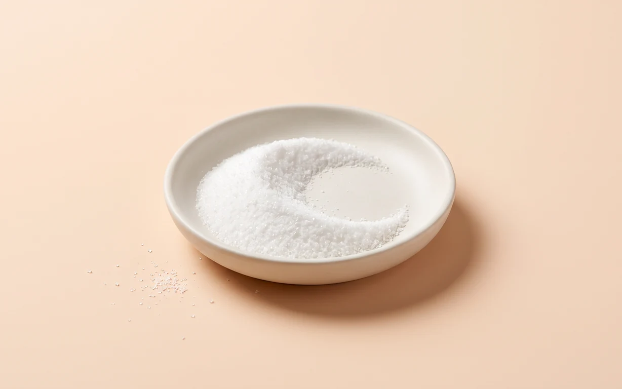 Fine white niacinamide powder in a shallow ceramic dish on a pale peach background.