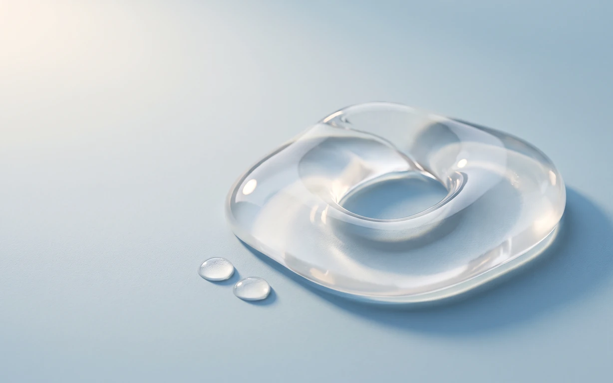 A glossy, translucent liquid ribbon folded into a soft loop on a powder-blue surface, representing panthenol.