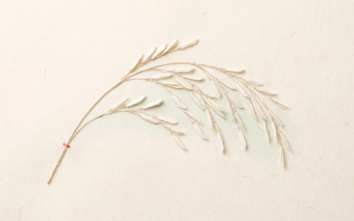 An ivory paper-thread rice panicle curves across warm hanji beside one tiny coral tack stitch.