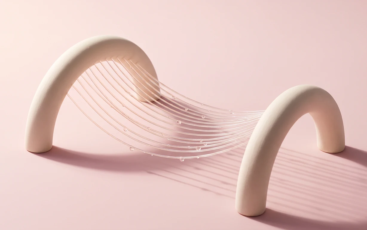 Pearlescent snail-mucin-inspired filaments suspended between two ivory ceramic arches on a powder-blush background.