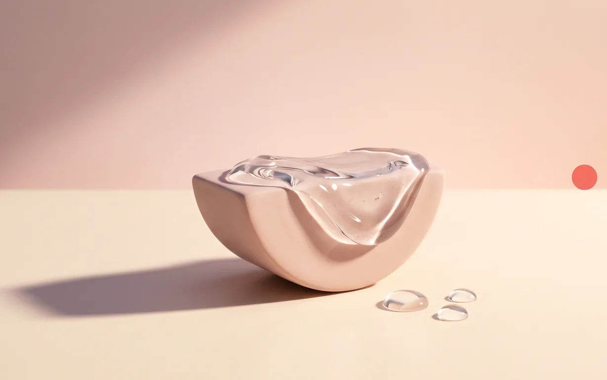 Clear squalane oil flowing over a blush ceramic crescent on an ivory surface