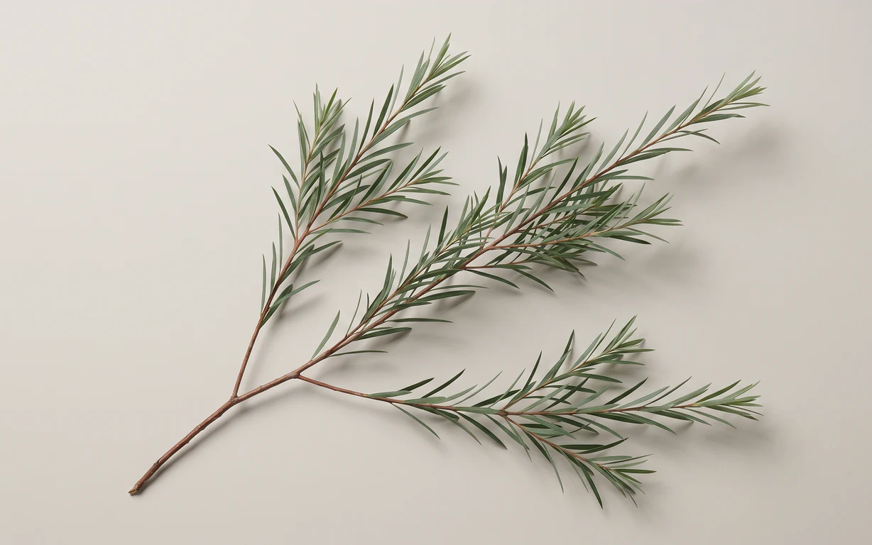 Fresh Melaleuca alternifolia tea tree branchlets with narrow gray-green leaves on a warm stone background.