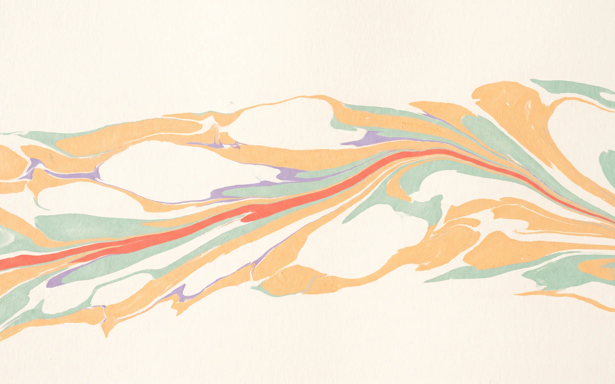 A flowing band of apricot, celadon, coral and lavender marbling crosses textured warm-ivory paper.