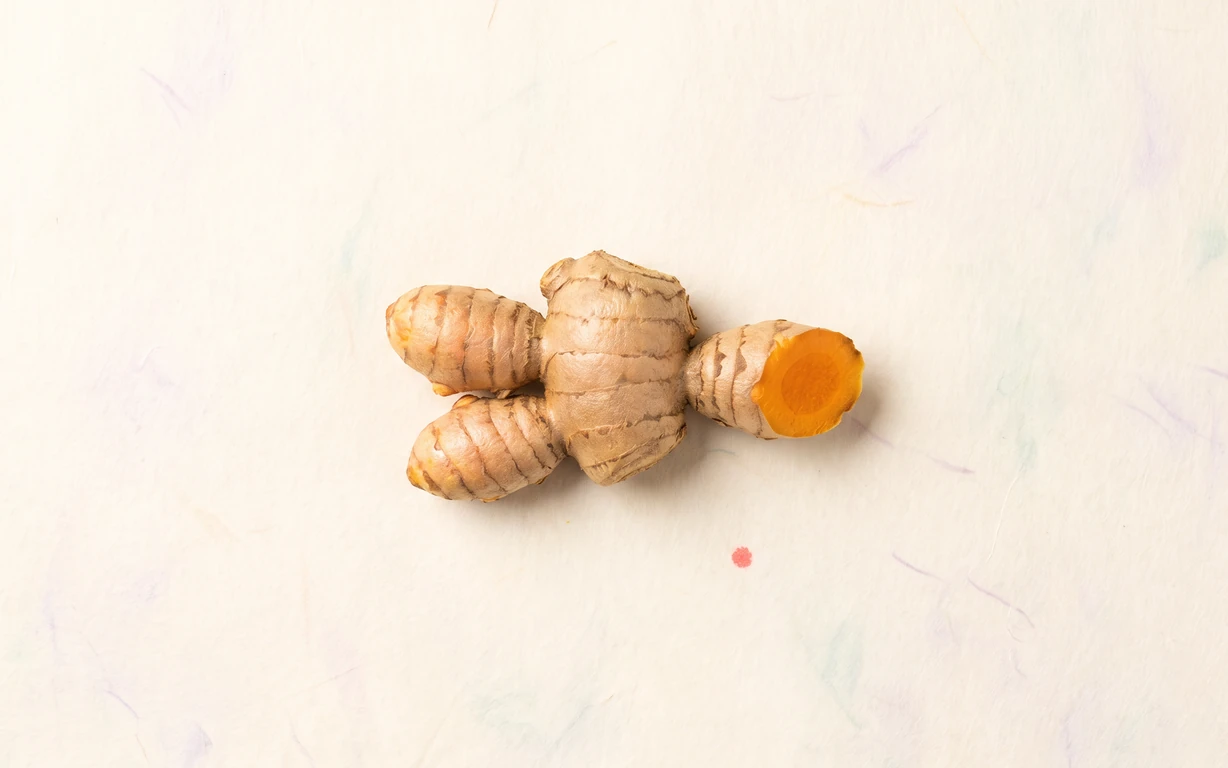 One knobby ochre turmeric rhizome with an attached vivid orange cut face rests on warm-ivory hanji beside a tiny coral point.