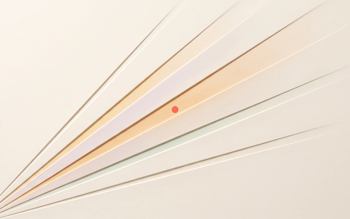 Seven dry amber, apricot, lavender and celadon relief rays spread diagonally across one warm-ivory matte plaster surface beside a tiny coral point.