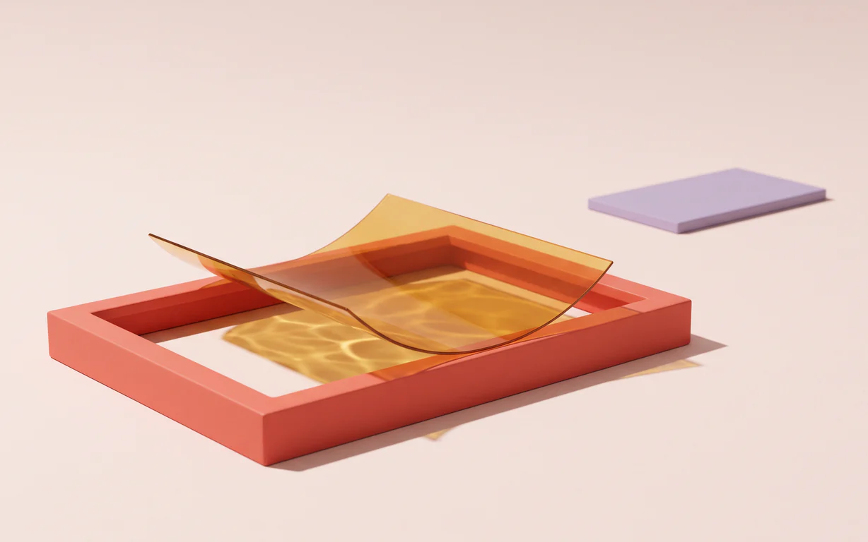 A translucent amber membrane curves across a low coral frame, casting a golden shadow on a pale blush surface, with a lavender tile behind.
